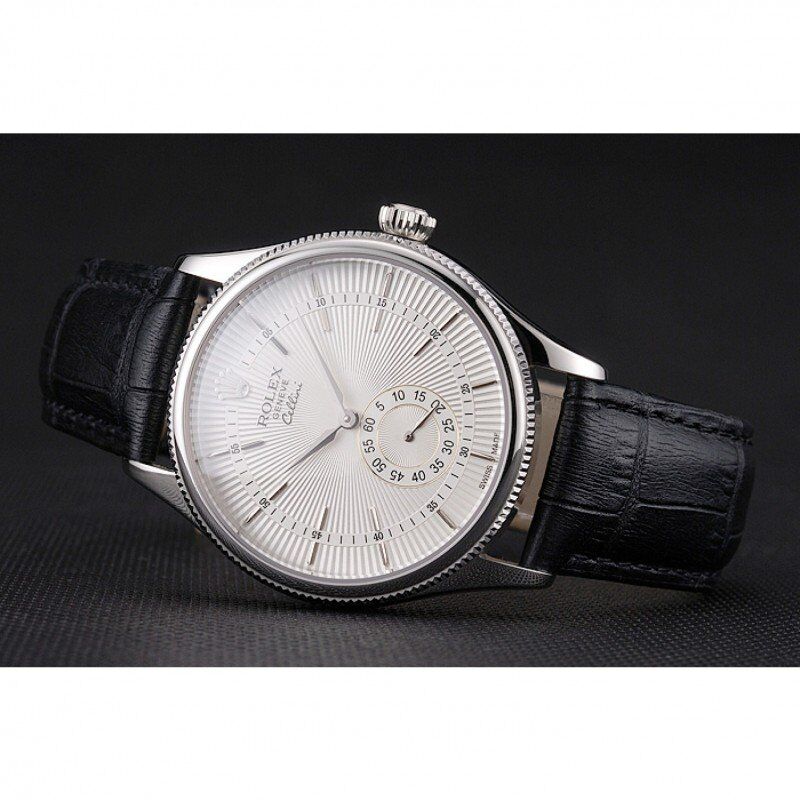 Swiss Rolex Cellini White Dial Stainless Steel Case Black Leather Strap ...