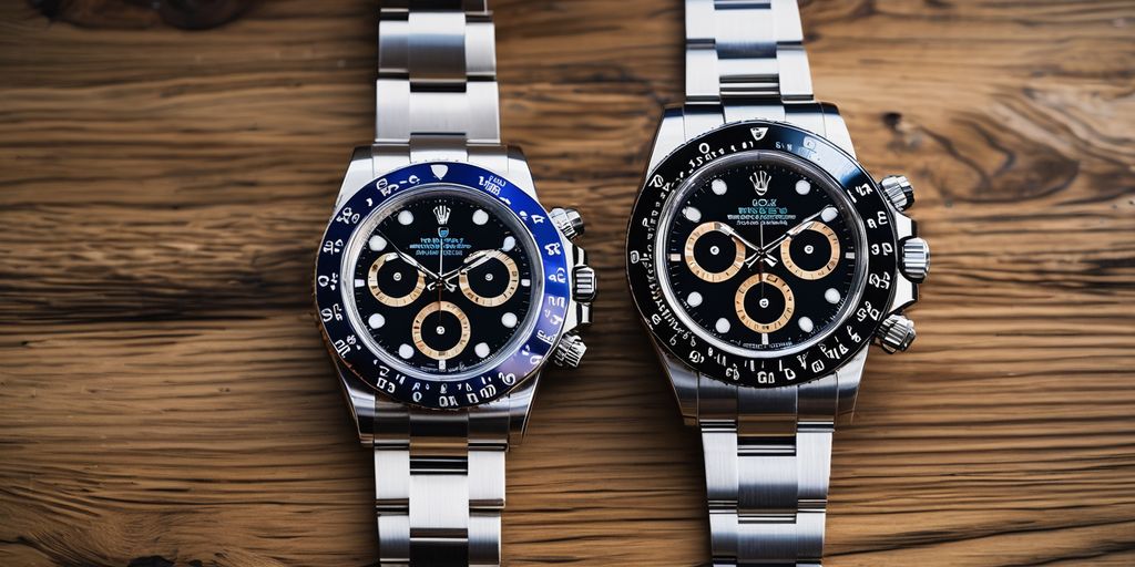 real and fake Rolex watches side by side on a wooden table
